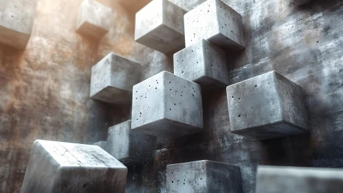 Floating concrete blocks in a softly glowing urban canyon.