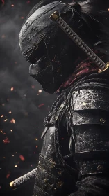 Battle-scarred shadow ronin crowned in drifting embers.