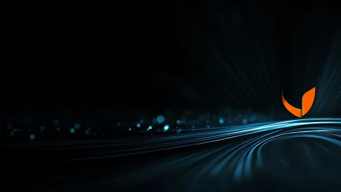 Orange abstract logo floats over blue light wave field.