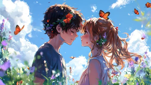 Sunlit meadow kiss paused beneath drifting butterflies.