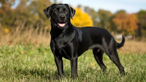 Alert black Labrador stands in sunny autumn meadow outdoors.