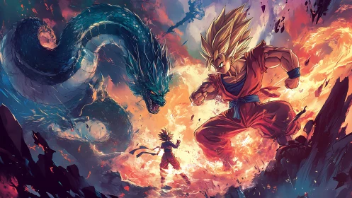 Energetic anime duel with serpentine dragon in volatile flames.