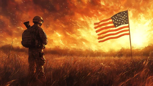 Solitary soldier studies American flag at burning sunset.