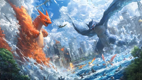 Gigantic elemental creatures confronting over flooded city.