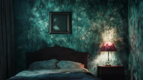 Low-key bedroom interior with teal patina walls and lamplit bed