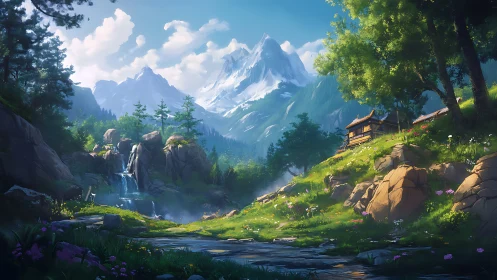 Mountain landscape shows waterfall, stream and hillside dwelling