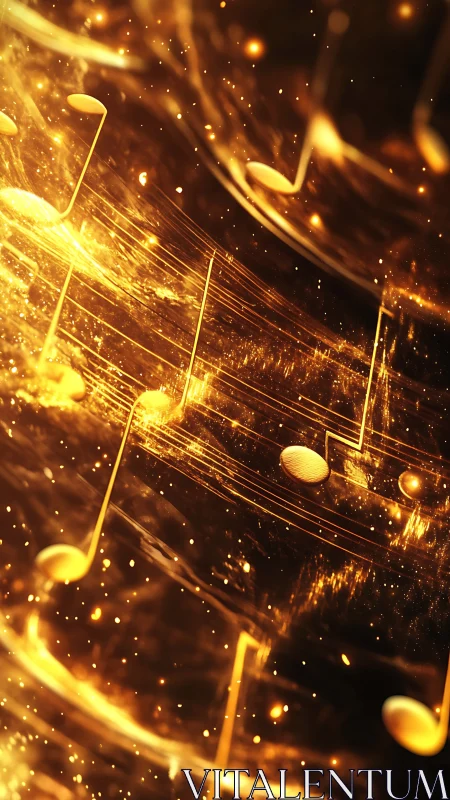 Golden musical notes swirl through glowing abstract space.
