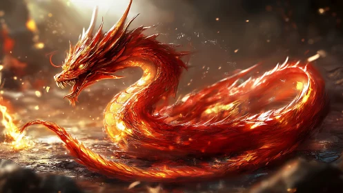 Serpentine fire dragon coiled in luminous molten terrain.