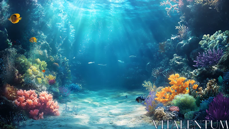 Sunlit coral reef panorama with vibrant tropical marine life.