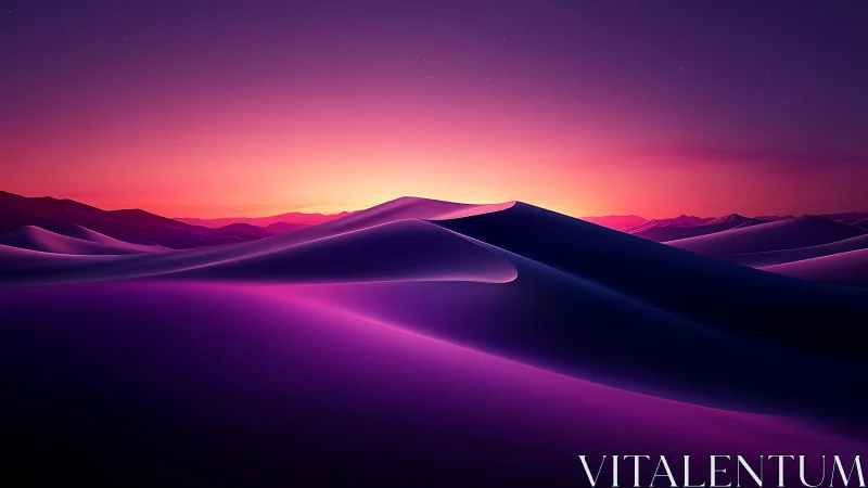 Neon-lit desert dunes glow beneath a radiant twilight sky.