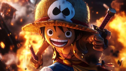 Straw hat anime hero charging through fiery battlefield.