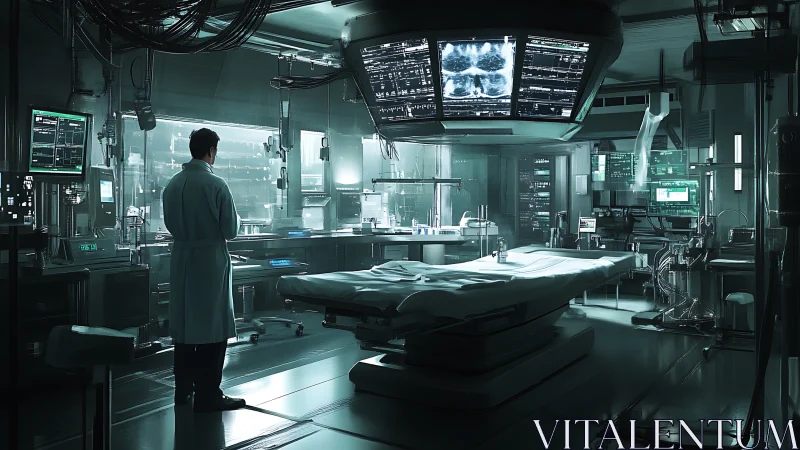 Doctor in futuristic surgical lab with advanced monitors.