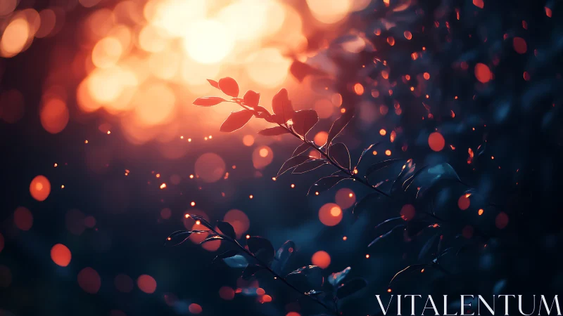 Dreamy branch silhouette with glowing bokeh lights at sunset.
