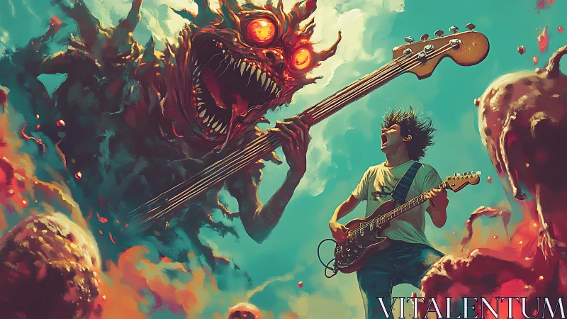 Explosive rock guitarist battles colossal fire-eyed demon bassist.