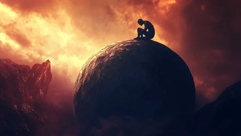Solitary thinker perched on a cosmic stone beneath fire-sky.