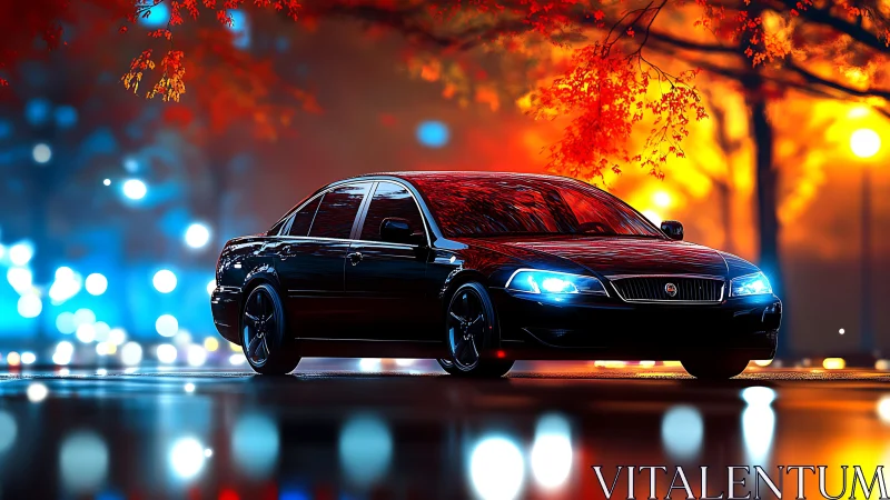 Black sedan glows under neon city lights at sunset street