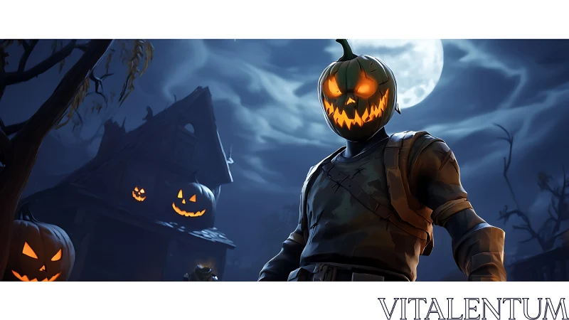 Pumpkin headed warrior stands before haunted house at night.