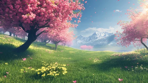 Spring orchard panorama with pink blossom trees and alps.