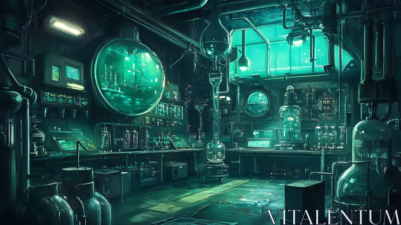 Futuristic teal laboratory glows with complex glass apparatus