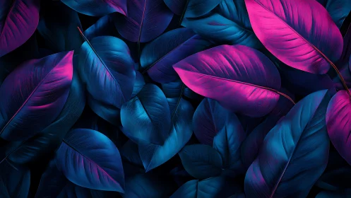 Neon jungle leaves glowing in ultraviolet midnight hush.