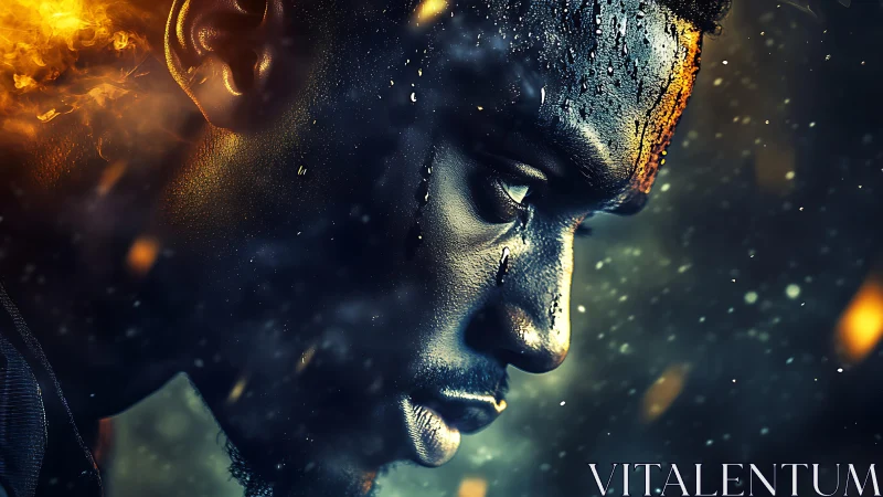 Cinematic close-up profile of wet face in firelit bokeh glow