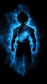 Electric blue warrior glowing with fierce cosmic power.