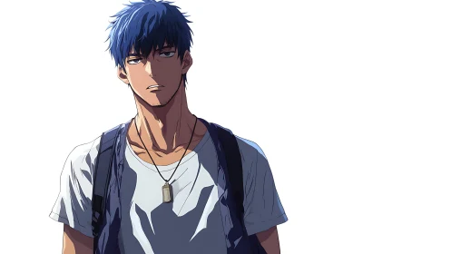 Stoic blue haired student stands under sharp side light.