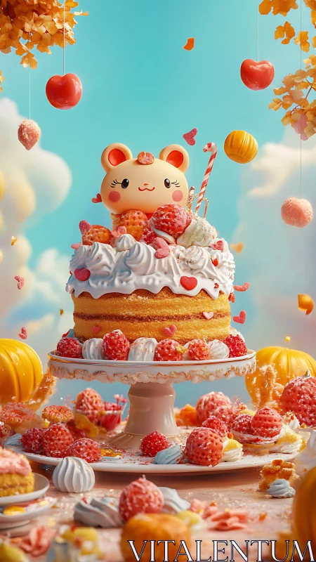 Whimsical Autumn Cake with Character and Colorful Fruit Harvest.