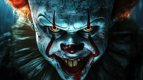 Sinister clown face glows in eerie, cinematic close-up.