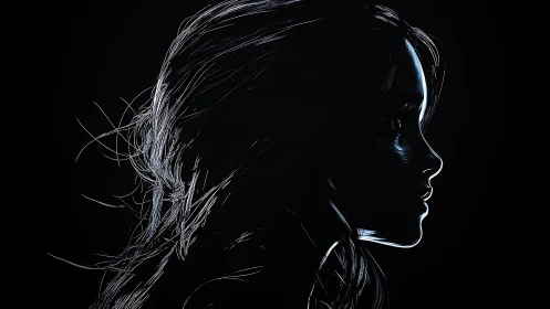 Luminous female profile drawn with electric contour lines