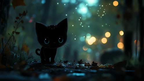 Black Cat with Blue Eyes in Nocturnal Urban Setting.