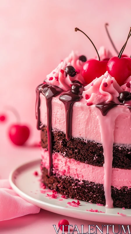 Pink and Chocolate Layered Cake with Cherries.