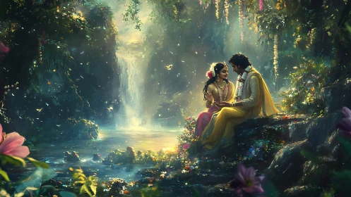 Enchanted lovers beside a luminous waterfall of eternal spring.