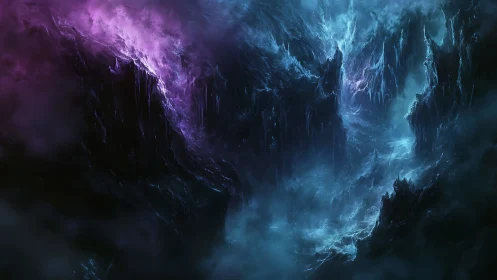 Digital landscape shows luminous rift between dark cliffs