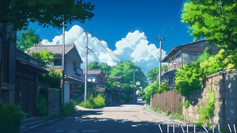 Residential Japanese street under clear blue midday sky.