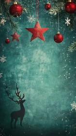Red ornaments and deer silhouette on textured teal backdrop.