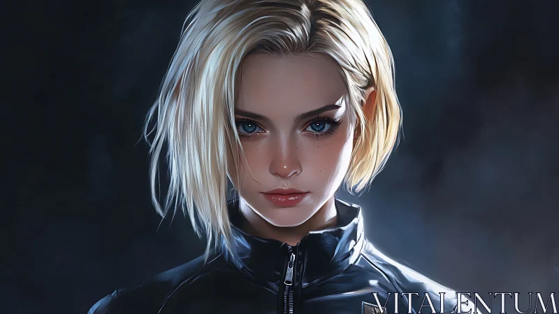 Cool gaze, bright edge: cyber-chic heroine in shadows.