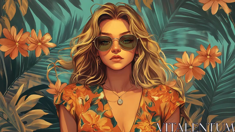 Sunlit woman in floral dress enjoys a calm tropical escape