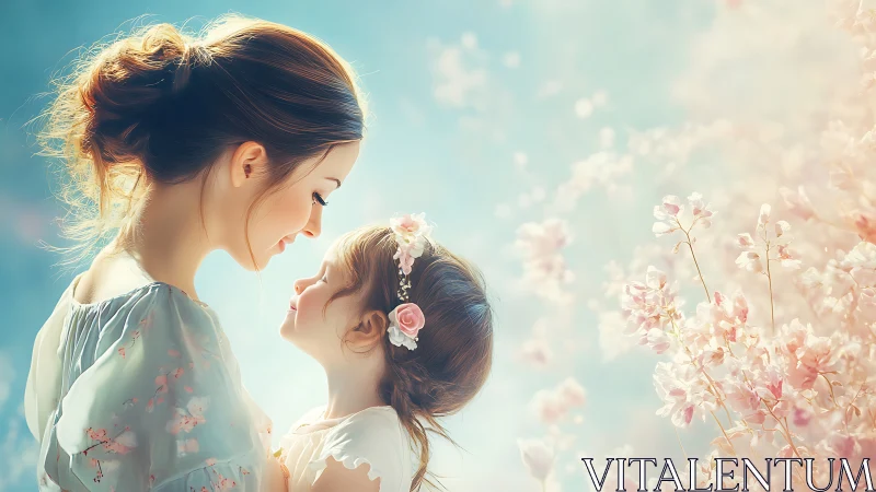 Mother and Daughter Embrace Among Blooming Flowers