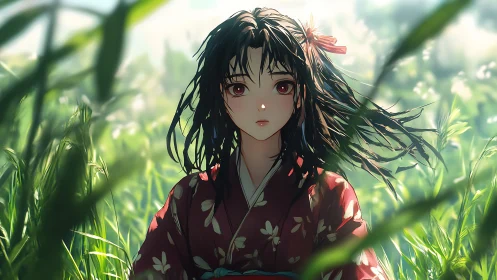 Anime girl in red kimono within sunlit summer field.