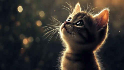 Luminous Dreamer: Cat Gazing Skyward with Golden Wonder.