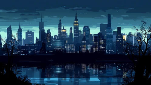 Nocturnal neon skyline mirrored across still river waters.