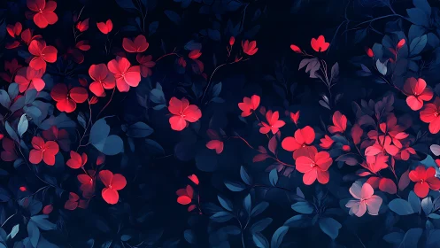 Glowing Red Blossoms Dance Through Twilight Garden.
