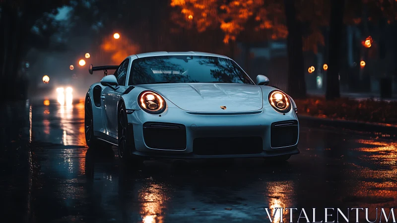 White sports car on rainy city street with moody bokeh glow.