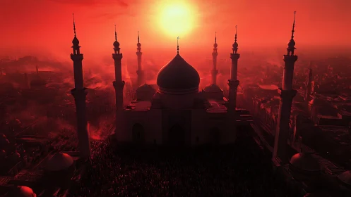 Digital painting of sunset mosque silhouette with radial lightscape.