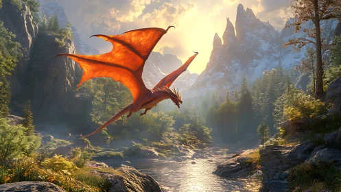 Sunlit red dragon glides above alpine river in volumetric haze