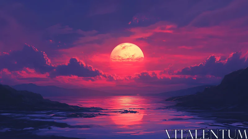 Neon sun sinks over reflective sea under magenta clouds