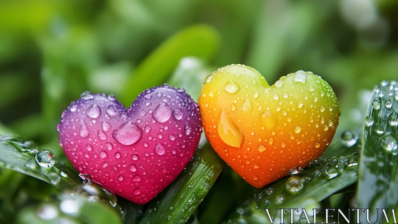 Twin heart-shaped fruits glistening with dewdrops.
