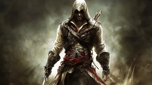 Hooded rogue strides from stormlit smoke with steel drawn.