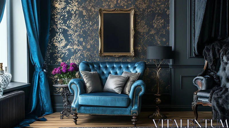 Teal velvet settee in dark neo-baroque interior composition.
